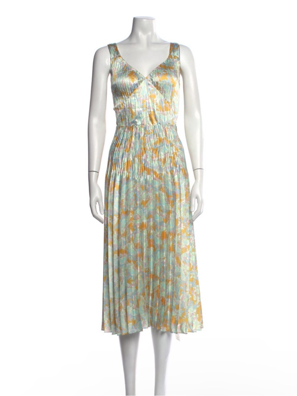 Vince Mint & Yellow Floral Pleated Midi Skirt